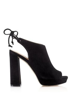 Black Leather Suede Peep-Toe Lace-Up Platform Chunky Heel Ankle Booties Shoe 7.5